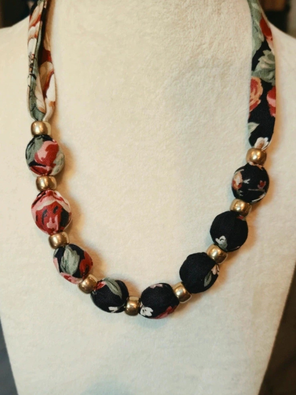 Floral Navy Fabric Bead Necklace with Gold Accents - Women's Jewelry